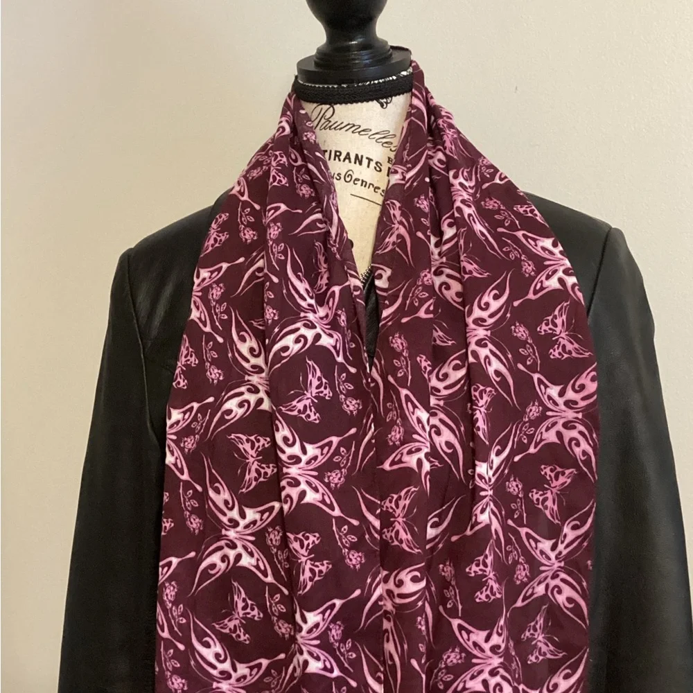 BEAUTIFUL LONG BUTTERFLY LIGHTWEIGHT SCARF 54” x 12” CRANBERRY, PINK & W…
